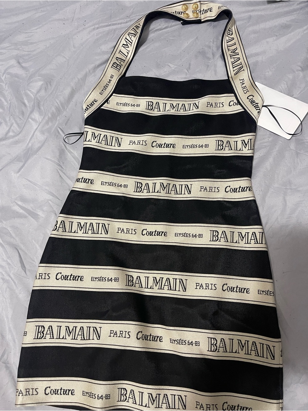 Balmain Black and Cream Strapless Logo Band Dress